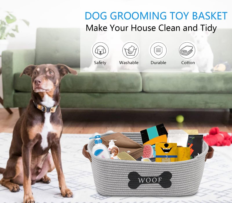 Morezi Cotton rope dog toy basket with handle, large dog bin, puppy kitty bed, dog toy basket - Perfect for carry pet toys, blankets, leashes, chew toys, diapers - Gray - Image 2